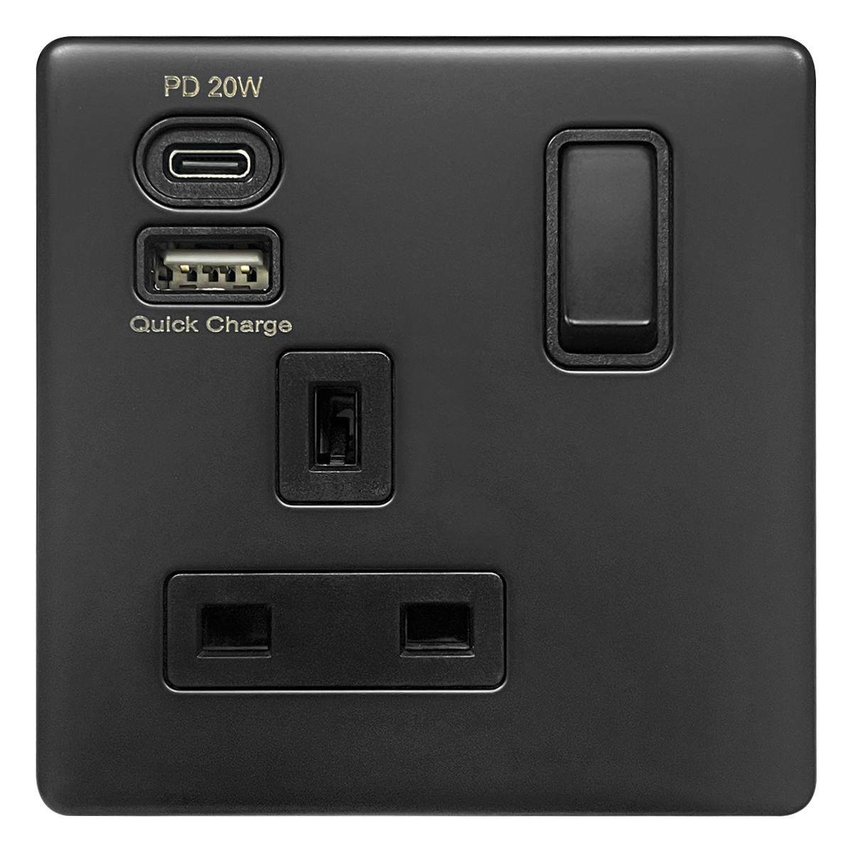 Matt Black Single 13A 1 Gang DP Switched Socket with Quick Charge Type A+Type C USB BL4112-20W